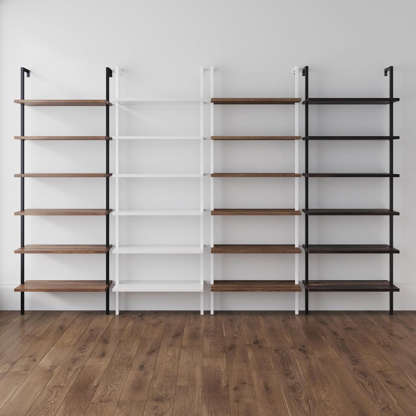 Theo 6-Shelf Tall Bookcase, Wall Mount Bookshelf with Natural Wood Finish and Industrial Metal Frame, Nutmeg/Matte Black, Set of 2