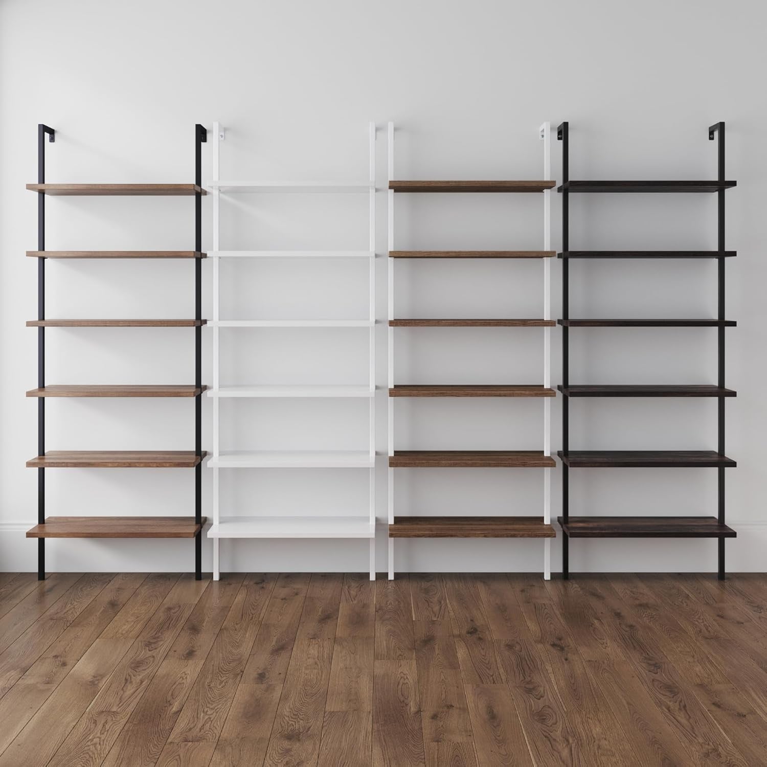 Theo 6-Shelf Tall Bookcase, Wall Mount Bookshelf with Natural Wood Finish and Industrial Metal Frame, Nutmeg/Matte Black, Set of 2