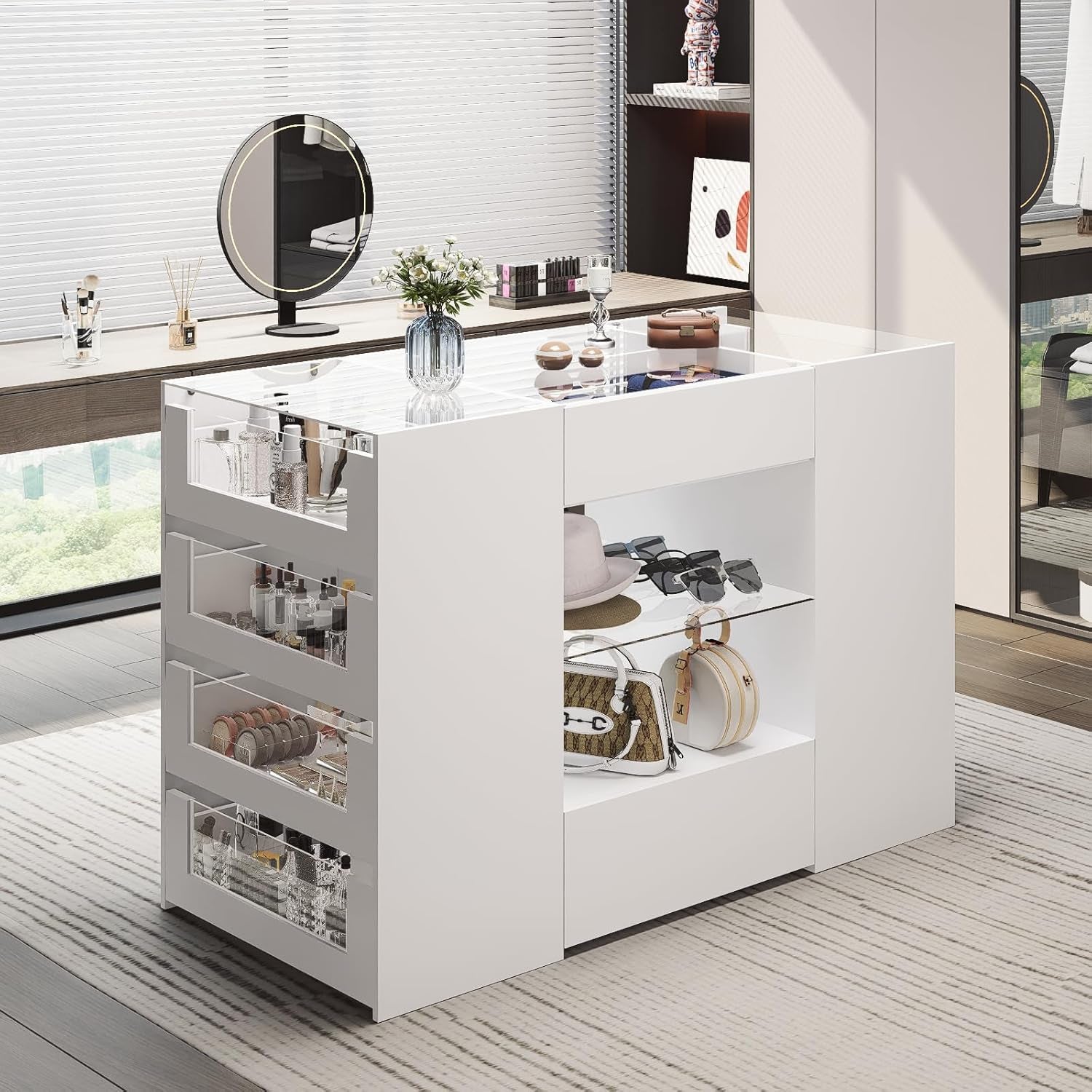 Closet Island with Drawers, Wardrobe Armoire Bedroom Island, Glass Display Shelf & 12 Drawers, White Dresser with Glass Top, Walk-In Closet Island for Bedroom, Cloakroom