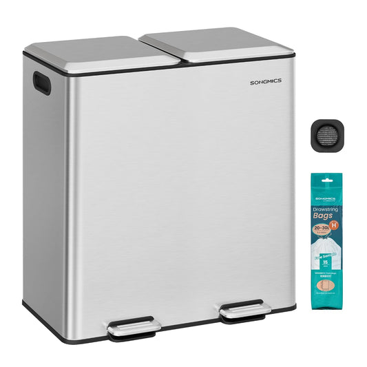 Trash Can, 2 X 8 Gallon (2 X 30 L) Double Garbage Can with Soft-Close Lids, Removable Inner Buckets, Pedals, Stainless Steel, for Waste and Recycling, Metallic Silver ULTB743E01