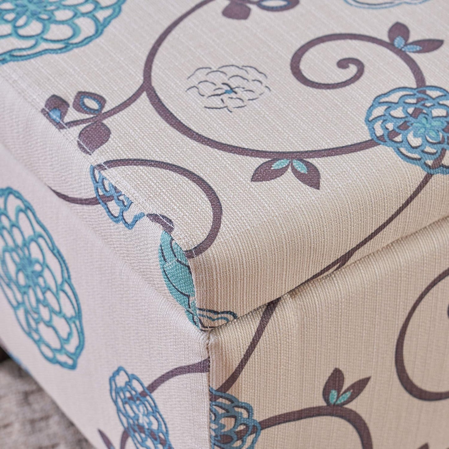 Breanna Fabric Storage Ottoman, White and Blue Floral