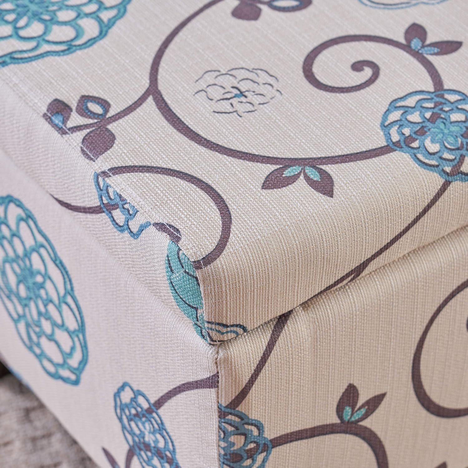 Breanna Fabric Storage Ottoman, White and Blue Floral