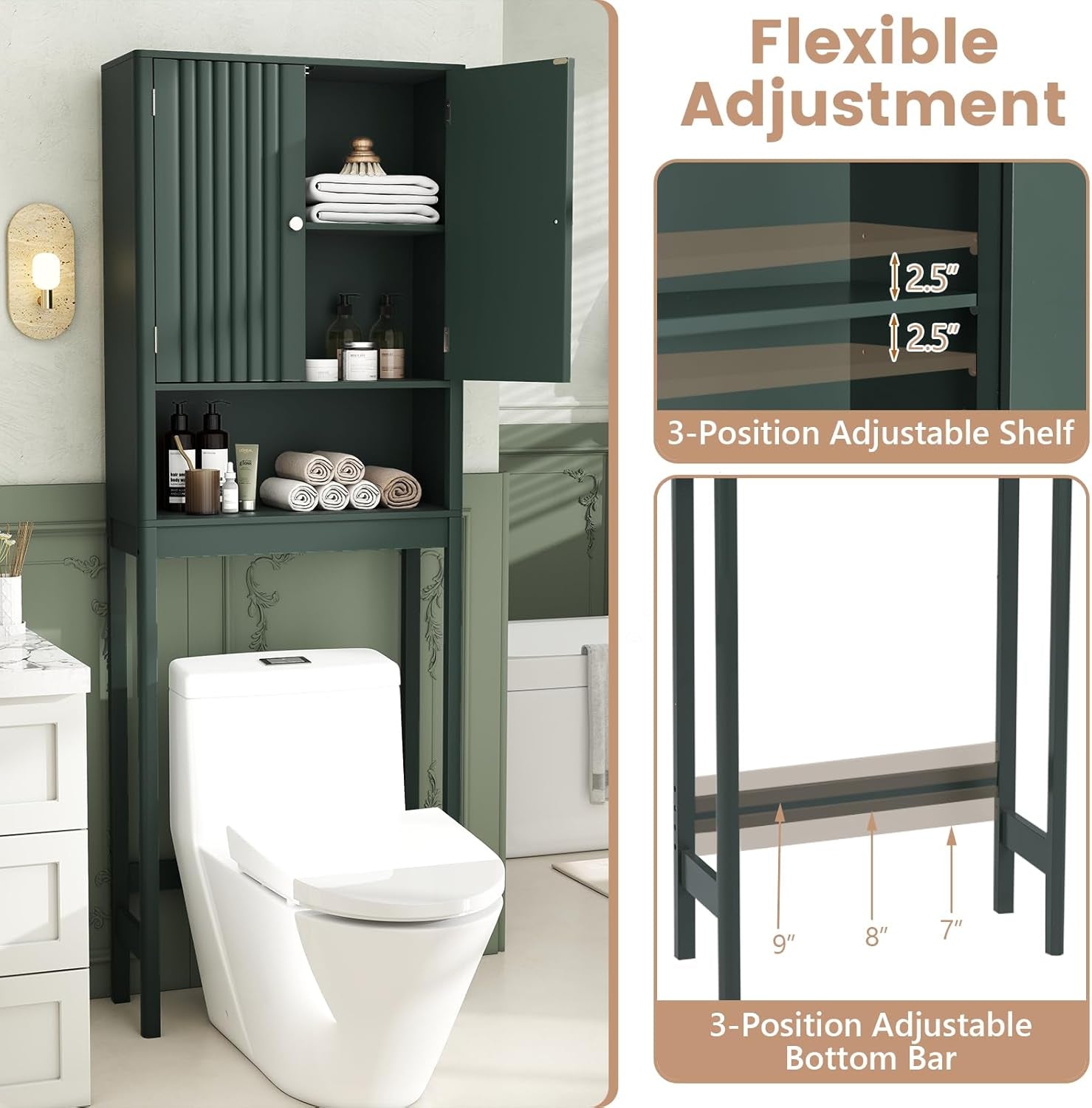 over the Toilet Storage Cabinet, above Toilet Bathroom Organizer with Fluted Doors, Adjustable Shelf & Bottom Bar, Tall Freestanding Rack Space Saver over Toilet (Green)