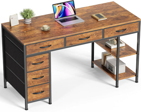 Computer Desk with 6 Drawers, 47 Inch Office Desk with Shelves, Reversible Gaming Desk, Corner Desk with Storage, Work for Home Office, Study, Living Room, Rustic Brown