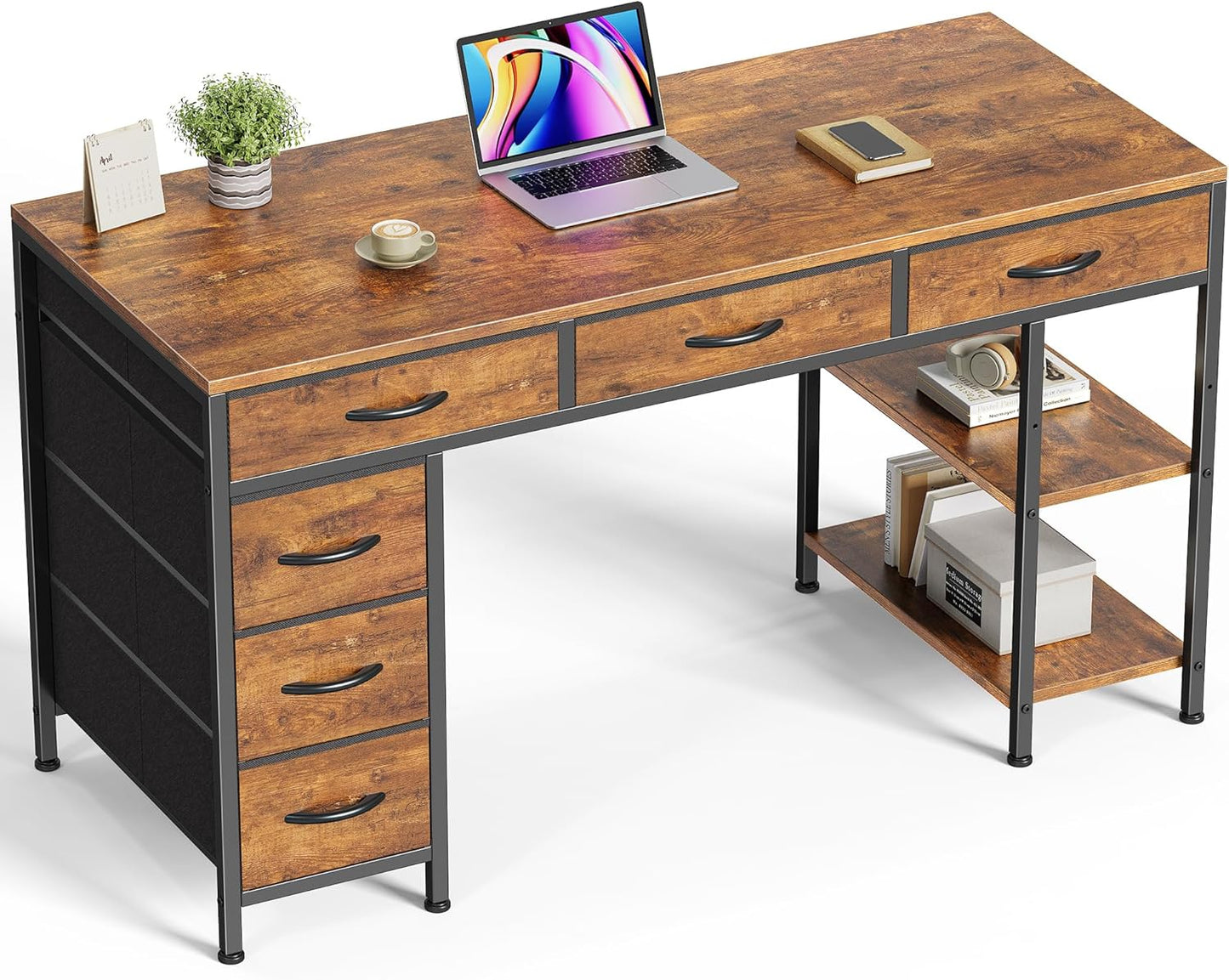 Computer Desk with 6 Drawers, Office Desk with Shelves, Reversible Gaming Desk, Corner Desk with Storage, Work for Home Office, Study, Living Room, 47Inch, Rustic Brown