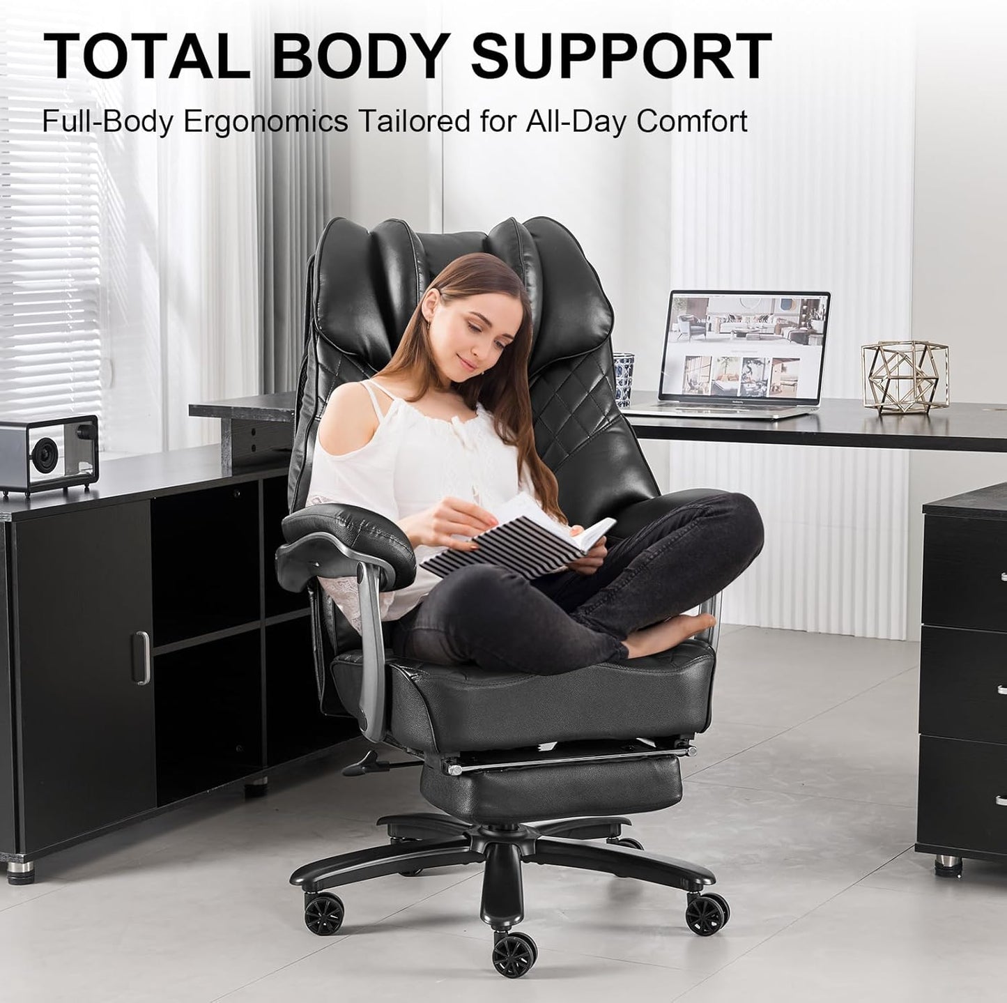 Big and Tall Office Chair 400Lbs for Heavy People, Wide Executive Office Chair with Foot Rest, High Back Ergonomic Desk Chairs Lumbar Support for Lower Back Pain, Leather Black