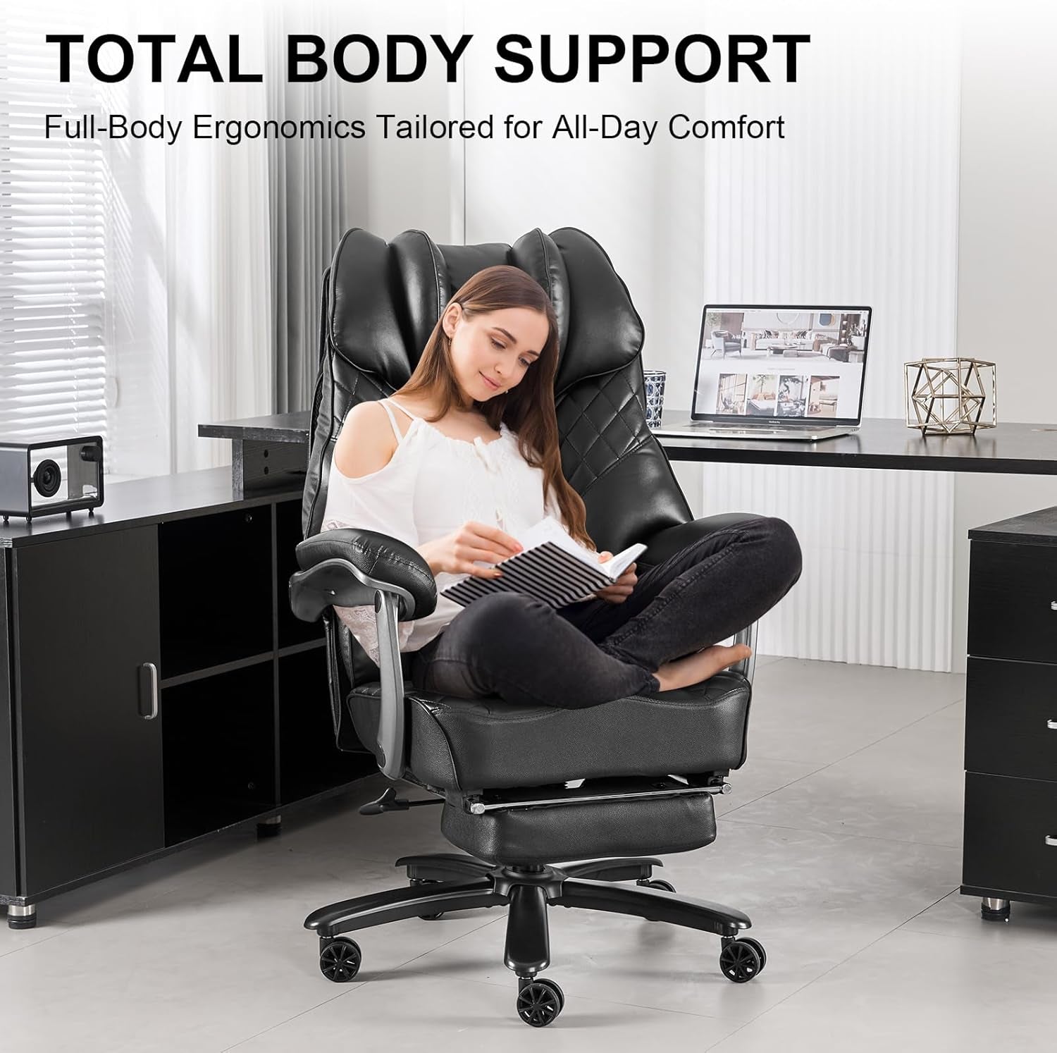 Big and Tall Office Chair 400Lbs for Heavy People, Wide Executive Office Chair with Foot Rest, High Back Ergonomic Desk Chairs Lumbar Support for Lower Back Pain, Leather Black