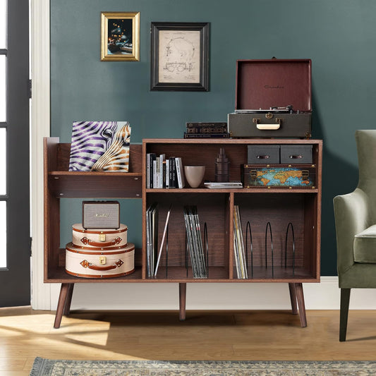 Record Player Stand, Mid-Century Modern Vinyl Record Storage Cabinet Table with Wood Legs, Turntable Stand Record Holder Holds up to 300 Albums for Living Room, Bedroom