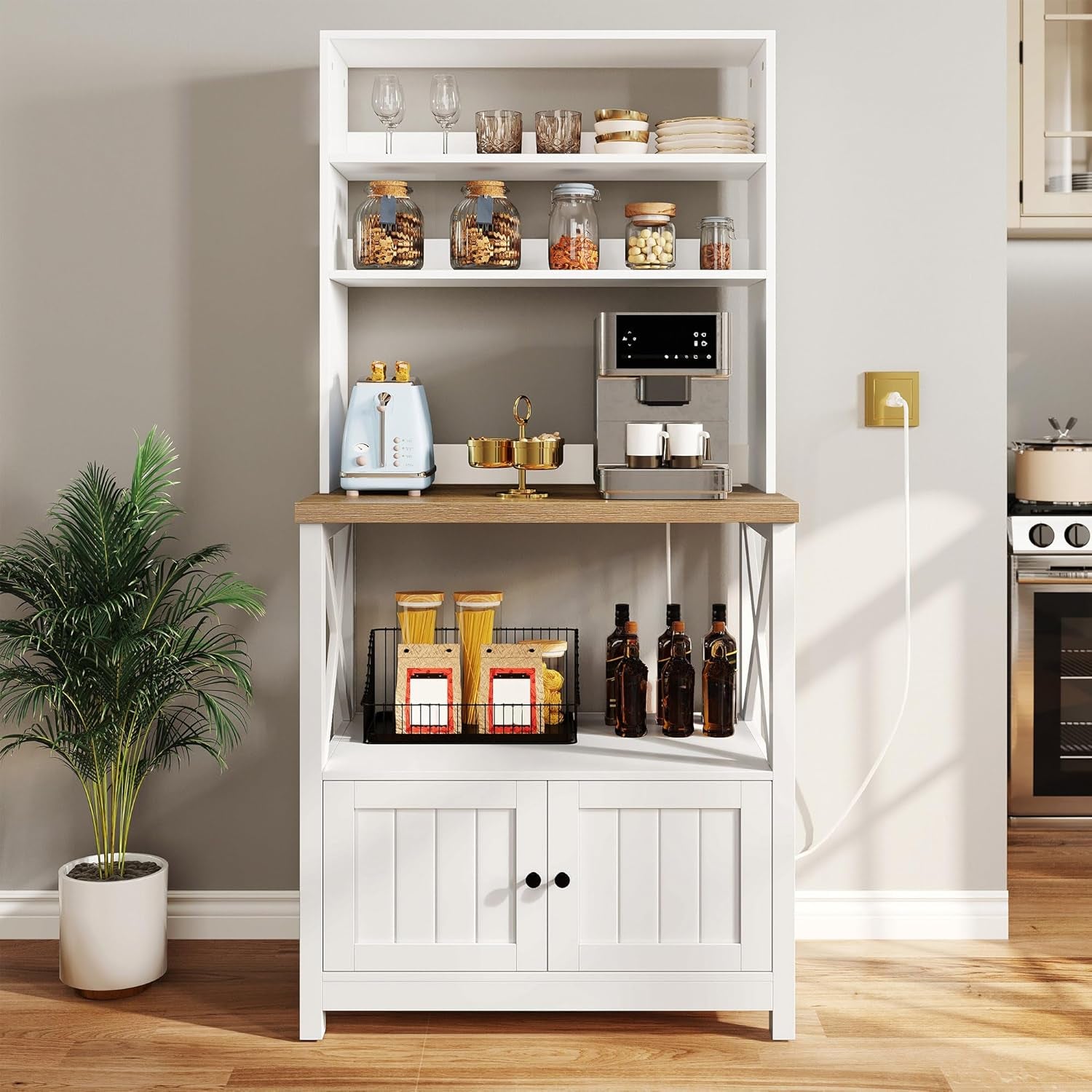 White Microwave Stand Bakers Rack Cabinet, Farmhouse Freestanding Small Kitchen Pantry Hutch Tall W Door Power Outlet Thickened Counter, Coffee Bar Storage Shelves