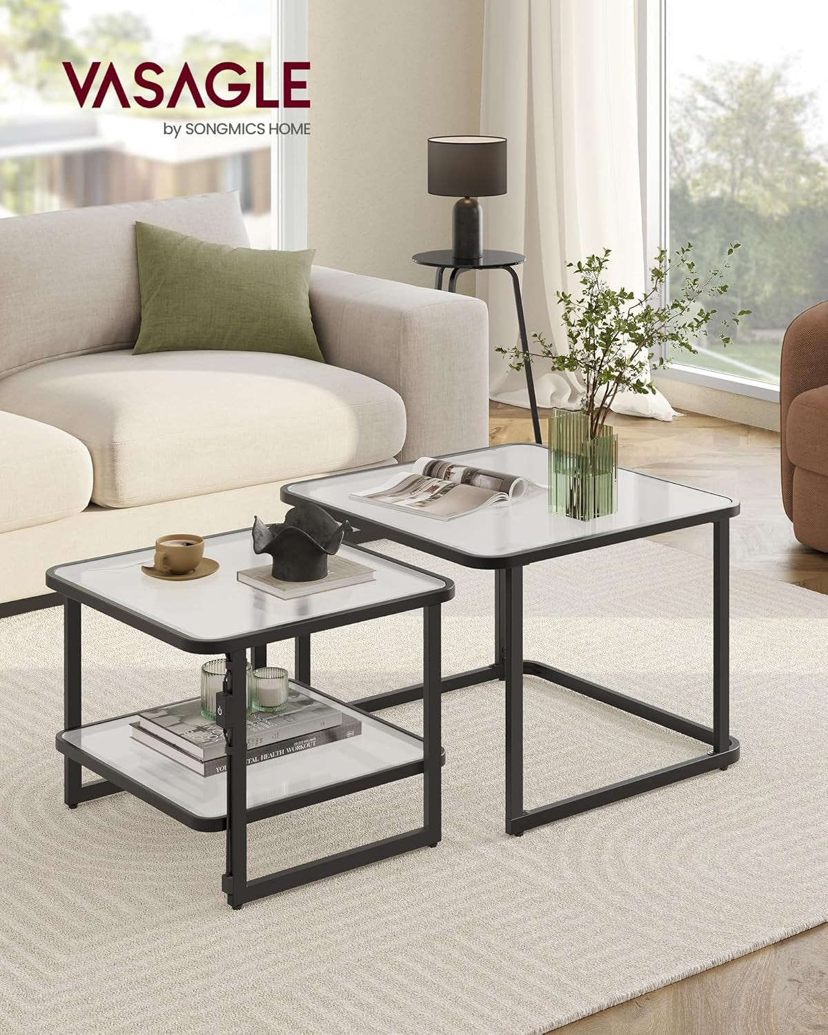 Nesting Tables Set of 2, Frosted Glass Coffee Table with LED Lights, Modern Square Side Tables with Bottom Shelf, for Living Room, Bedroom, Office, Cloud White and Ink Black ULCT246B01