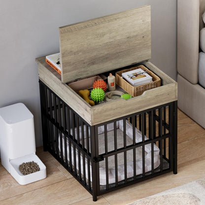 Dog Crate Furniture for Small Dogs, Wooden Dog Kennel with Flip Top Drawer, Indoor Pet Crate End Table with Charging Station, Steel-Tube Dog Cage, Rustic Brown