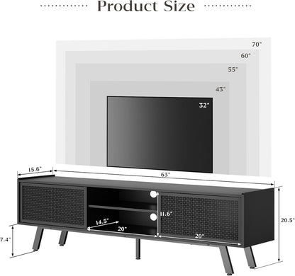 Black TV Stand for 65 70 Inch TV, Modern Iron Rattan TV Console with Sliding Door, Entertainment Center with Storage and Adjustable Shelves, Media Console for Living Room and Bedroom