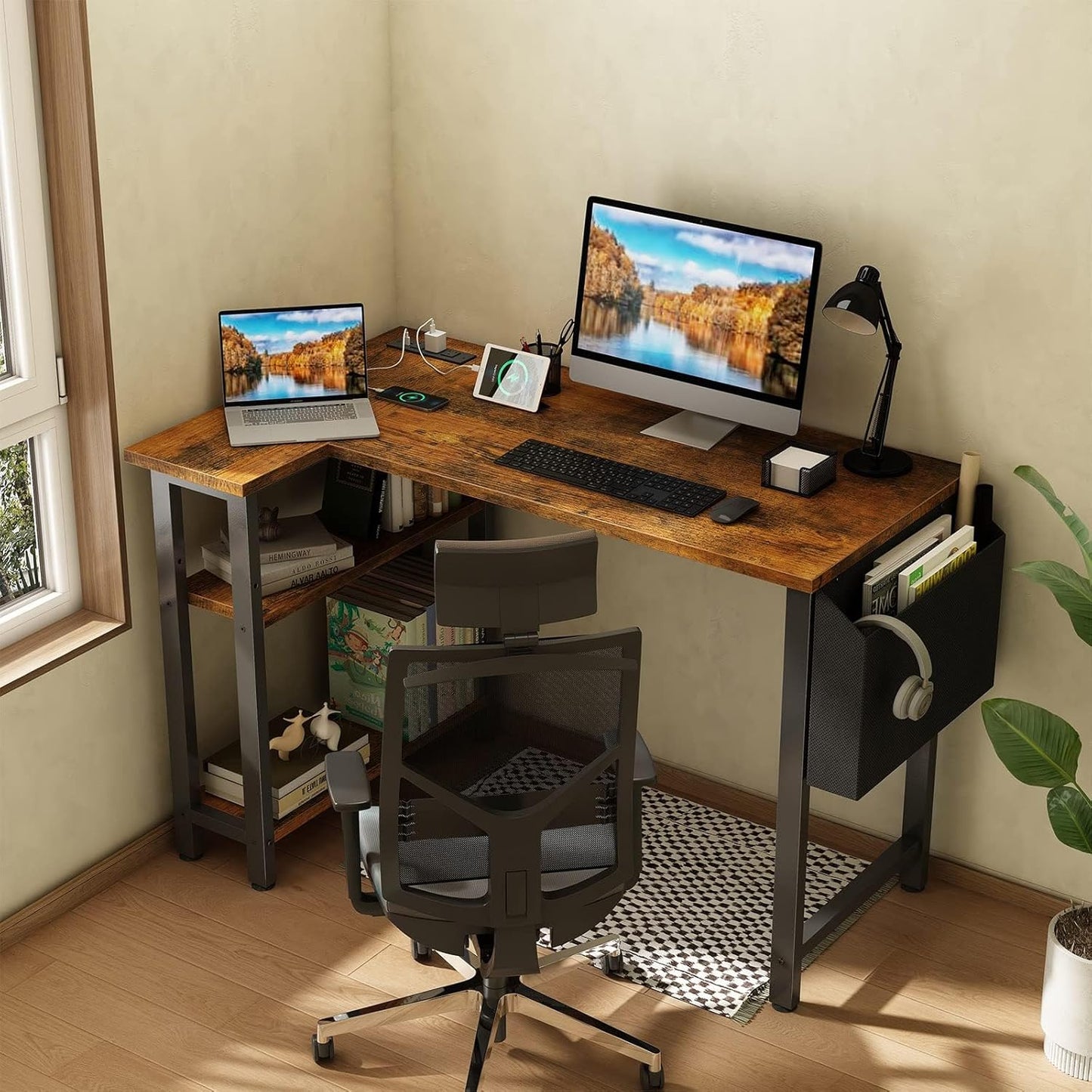 Small L Shaped Desk with Power Outlet Shelves, 40 Inch Reversible Corner Desk for Small Space Home Office, L-Shaped Computer Desk PC Desks with Charging Station, Rustic Brown