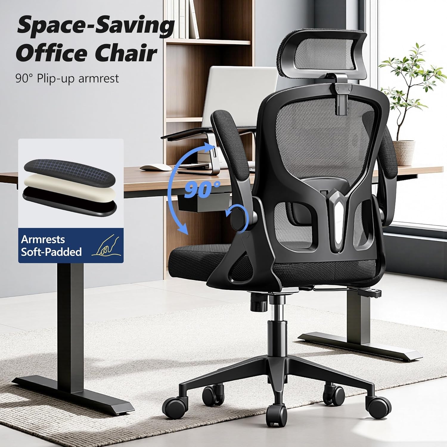 Ergonomic Office Chair, High Back Desk Chair with Flip-Up Arms, 300 LBS Mesh Computer Chair with Adjustable Headrest & Lumbar Support, Comfy Gaming Chair for Adults, Home Office Desk Chairs (Black)