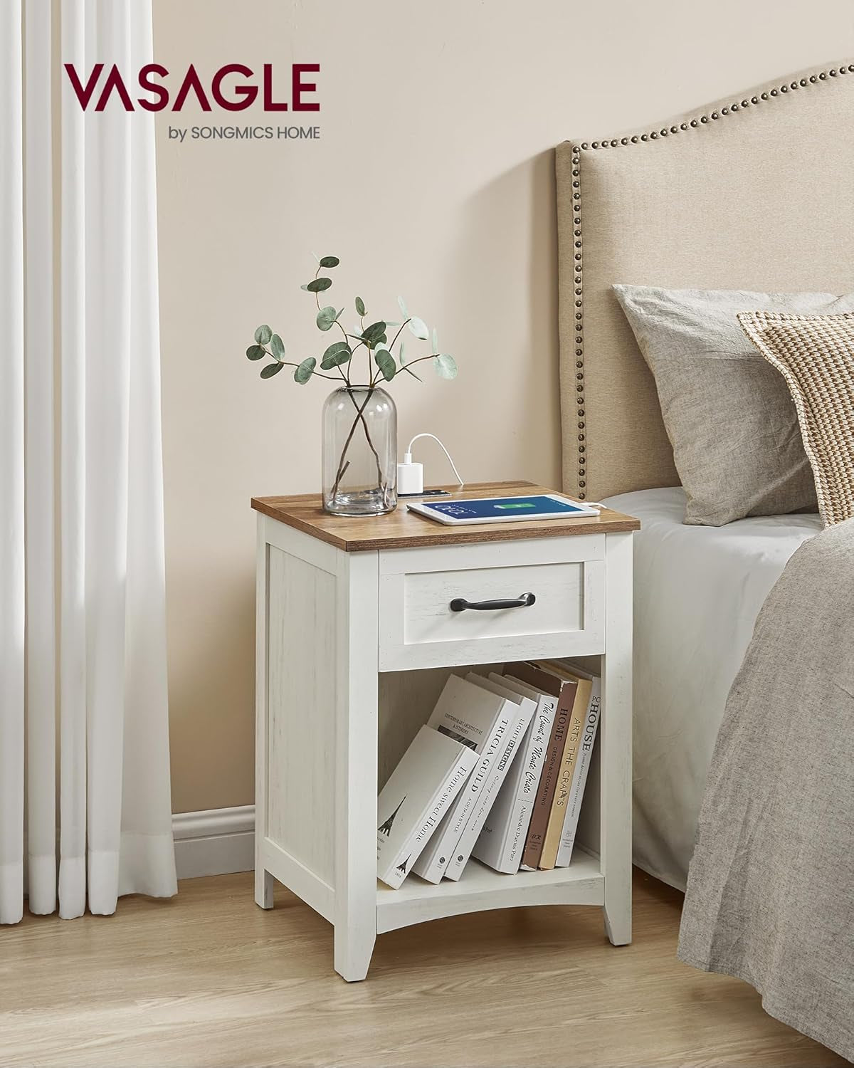 LIRY Collection - Farmhouse Nightstands with Charging Station, Set of 2 Bedside Tables, Side Tables with Drawer, Open Compartment, for Bedroom, Rustic White and Honey Brown ULET859K41