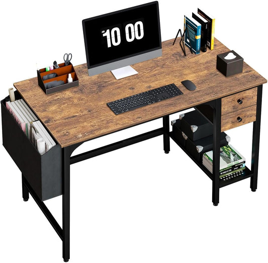 Computer Desk with Fabric Drawers, 47 Inch Desk for Small Space Home Office, Modern Simple Study Writing Table PC Desks for Bedroom, Rustic Brown