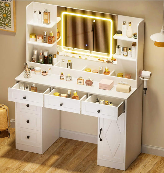 Makeup Vanity Desk with Mirror and Lights, Large Vanity Table with 6 Drawers & 1 Storage Cabinet, White Bedroom Dresser Table for Girls, 3 Color Modes Adjustable Mirror, White