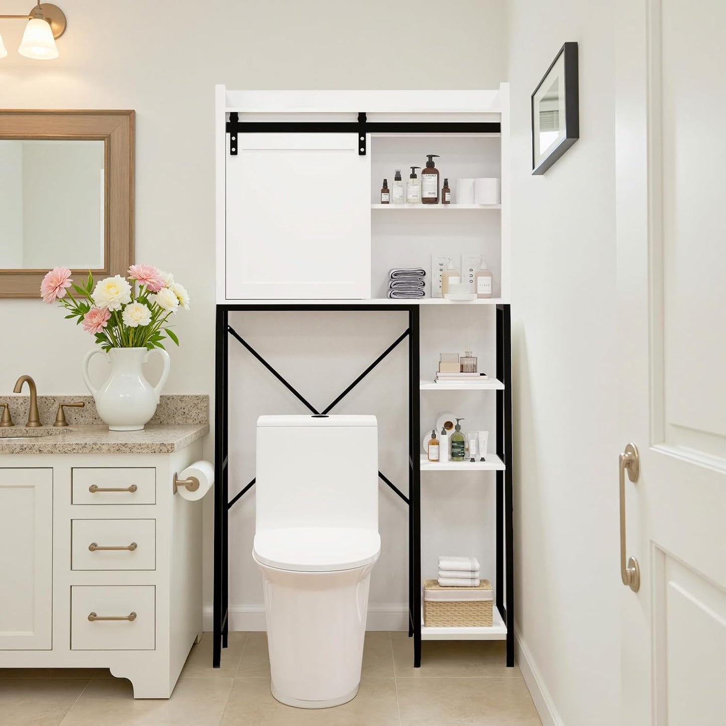 Over the Toilet Storage Cabinet, over Toilet Bathroom Organizer, above Toilet Storage Cabinet with Barn Doors behind Toilet Bathroom Organizer Toilet Paper Holder Stand Laundry Cabinet