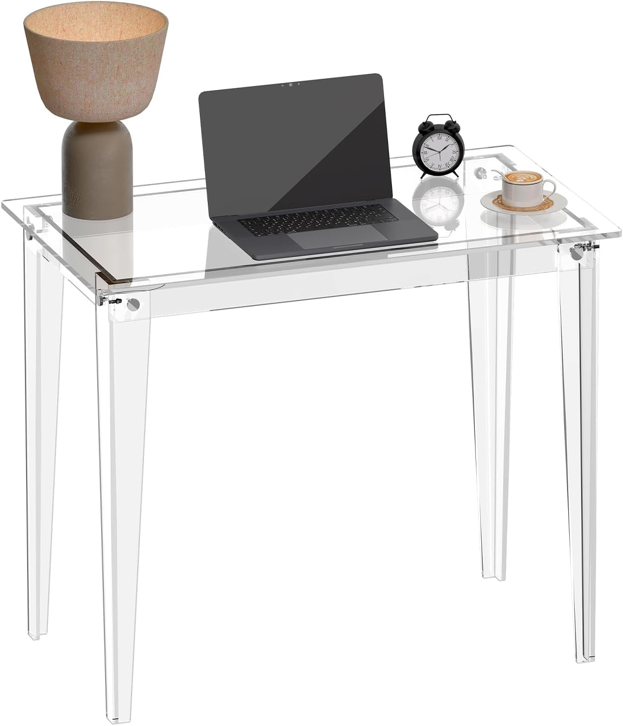 Small Acrylic Computer Desk, 35.4 Inch, Clear Study Desk for Home Office, Writing, Vanity, Modern, Easy Assembly, 19.7" W X 29.5" H, Right-Angle Legs Design