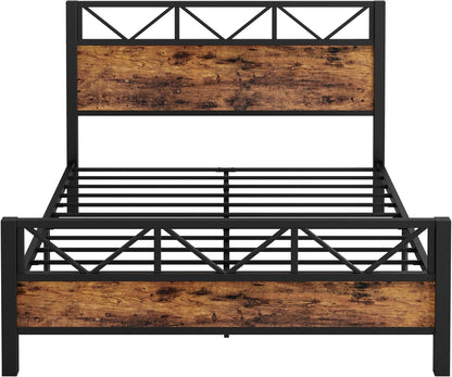 Queen Bed Frame, Tall Industrial Headboard 51.2 ", Platform Bed Frame with Strong Metal Support, Solid and Stable, Noise Free, No Box Spring Needed, Easy Assembly, Vintage Brown