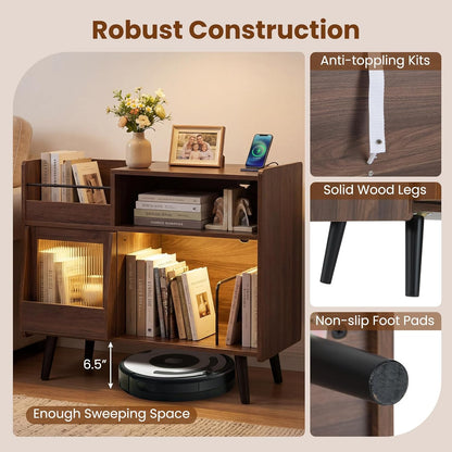 Large Record Player Stand with LED Light, Mid Century Modern Turntable Stand W/Sliding Door, Charging Station & Solid Wood Leg, Record Player Table, Vinyl Record Storage for Living Room, Brown