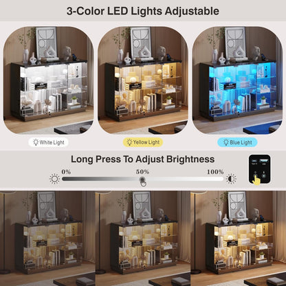 Glass Display Cabinet with Lock & LED Light, High Gloss Sideboard with Human Body Sensor & Glass Shelves for Toys, Books, Collectibles, Liquor, Bookcase for Living Room, Kitchen, Study, Black