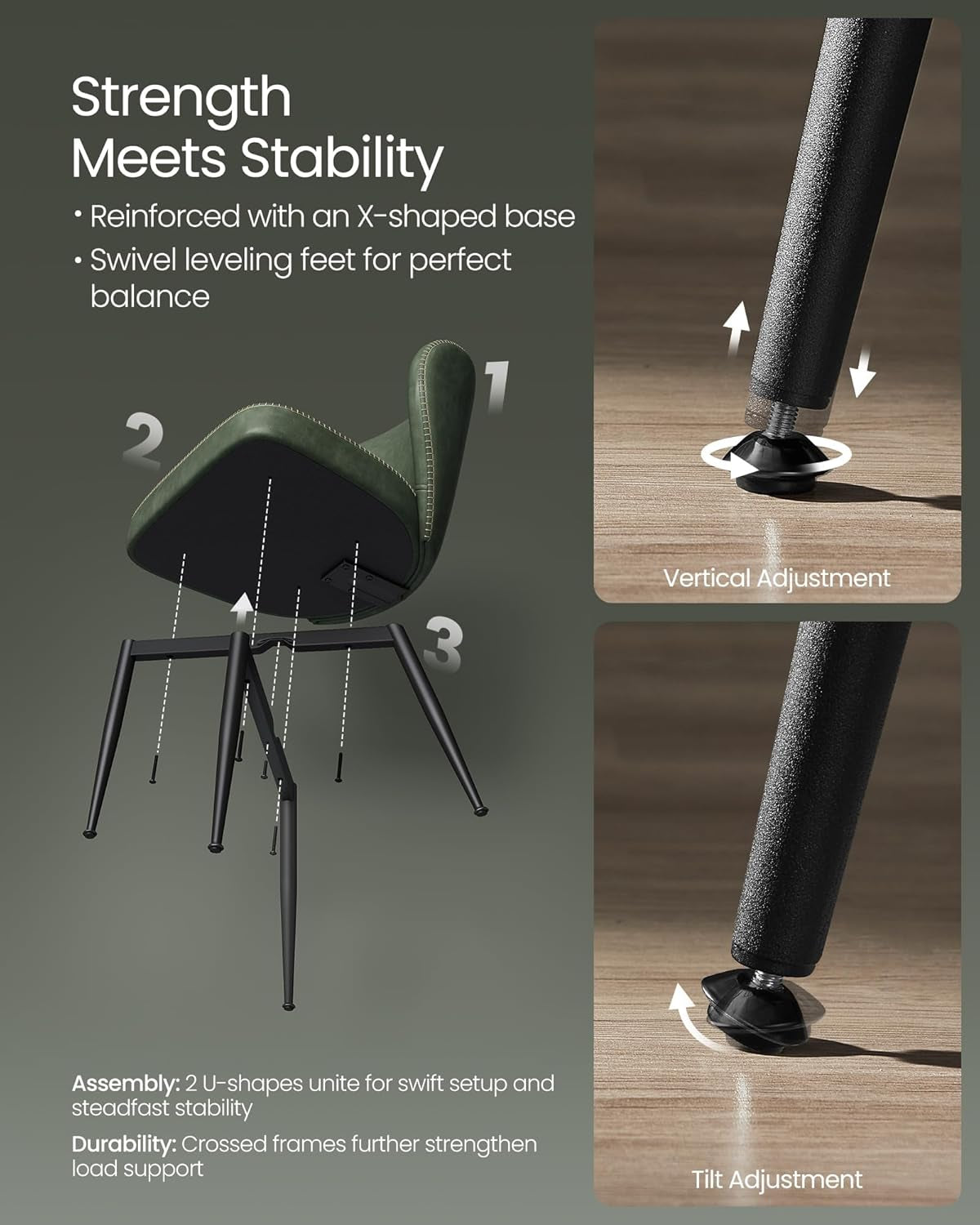 EKHO Collection - Dining Chairs Set of 2, Upholstered Kitchen Chairs, Comfortable Seat, Synthetic Leather with Stitching, Mid-Century Modern, Easy Assembly, Living Room Lounge, Forest Green