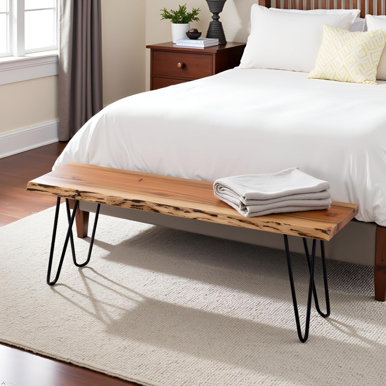 48” Live Edge Dining Bench – Rustic Industrial Farmhouse Solid Acacia Wood with Metal Hairpin Legs – Ideal for Dining Room, Kitchen, or Entryway