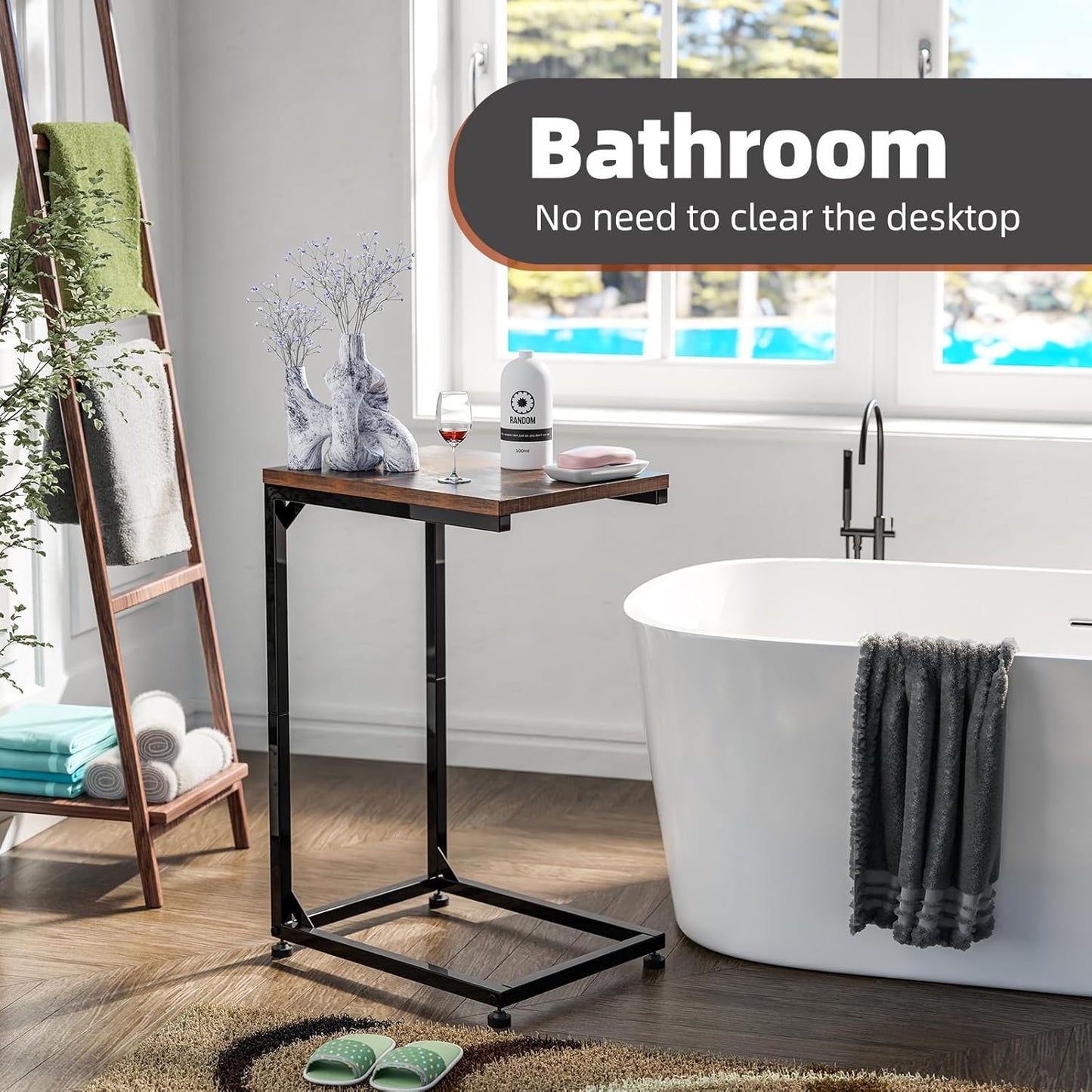 C Shaped End Table for Couch, Small Side Table TV Tray Table with Metal Frame for Living Room, Bedroom, Rustic Brown