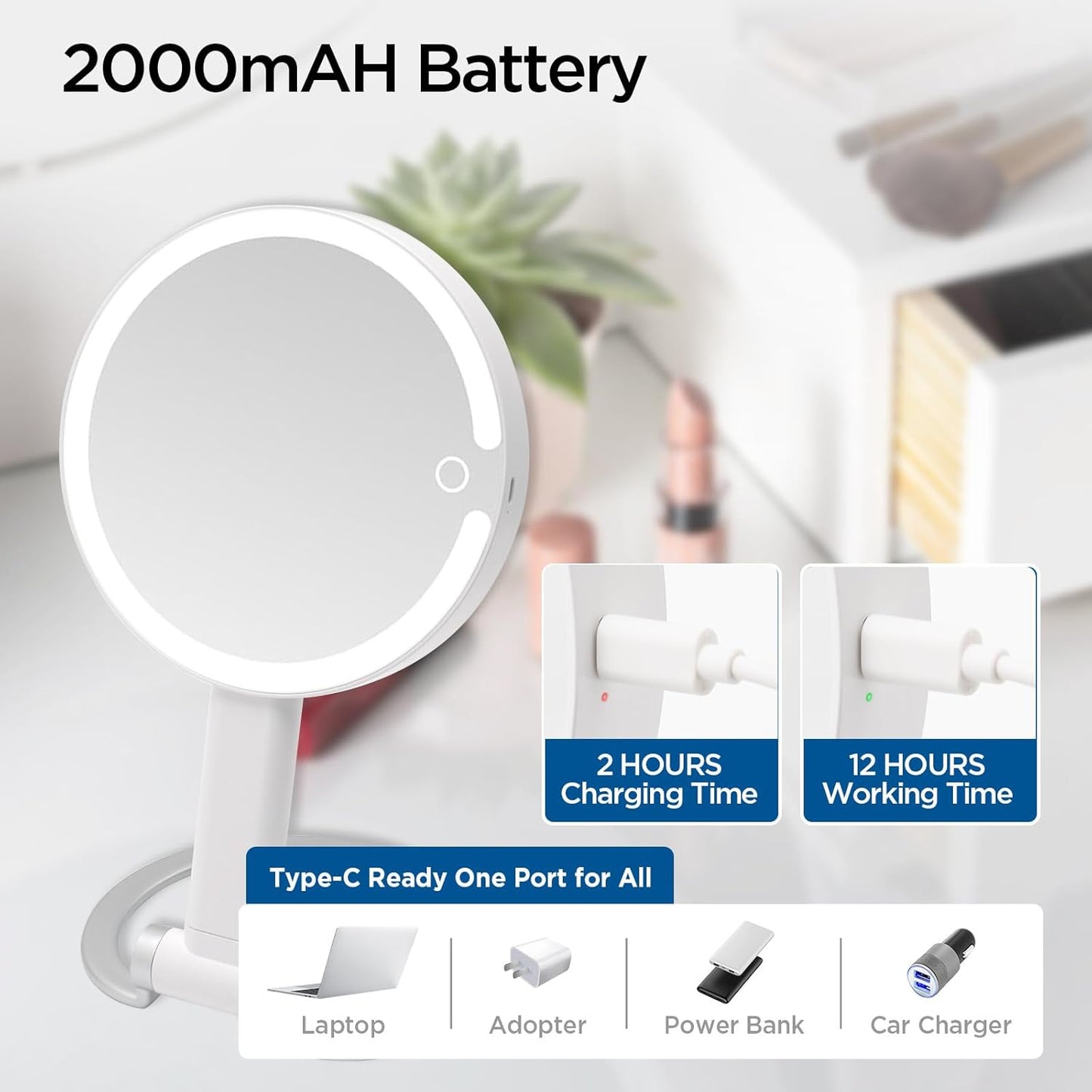 Magnifying Mirror with Light, Makeup Mirror with Lights and Adjustable Brightness, Hanging and Handheld Mirror with Handle, Travel Portable Lighted Makeup Mirror, 360°Rotation, Memory Function 1X/10X