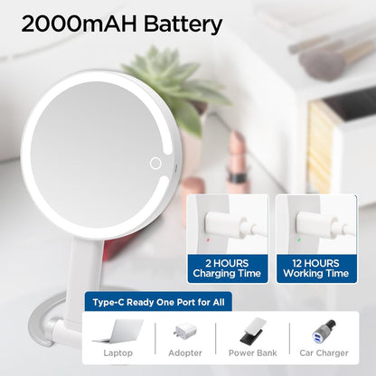 Magnifying Mirror with Light, Makeup Mirror with Lights and Adjustable Brightness, Hanging and Handheld Mirror with Handle, Travel Portable Lighted Makeup Mirror, 360°Rotation, Memory Function 1X/10X
