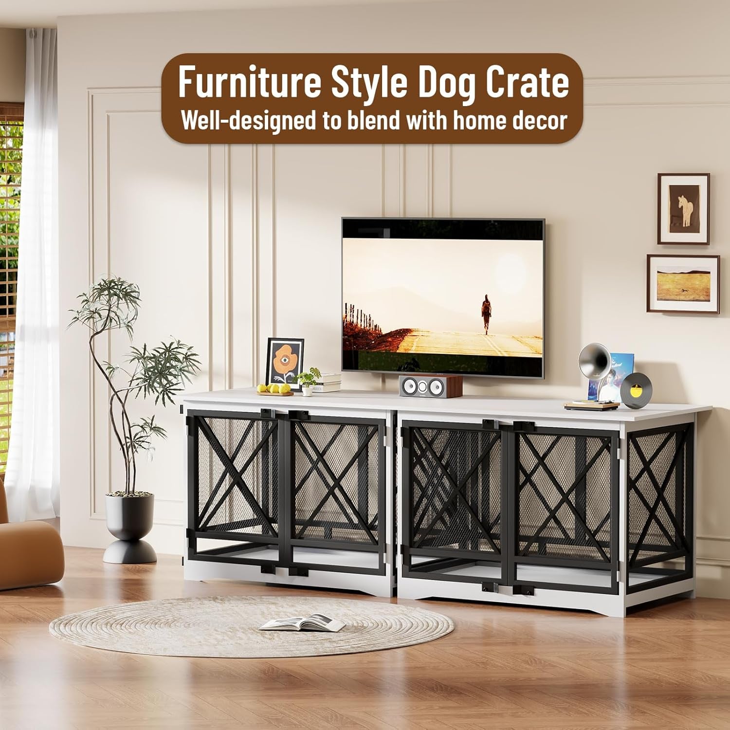 Large Dog Crate Furniture - 48 Inch Heavy Duty Dog Kennel Indoor for Xlarge Breed with Double Doors, Wooden Dog Cage XL Modern Decorative End Table Pet House (White)