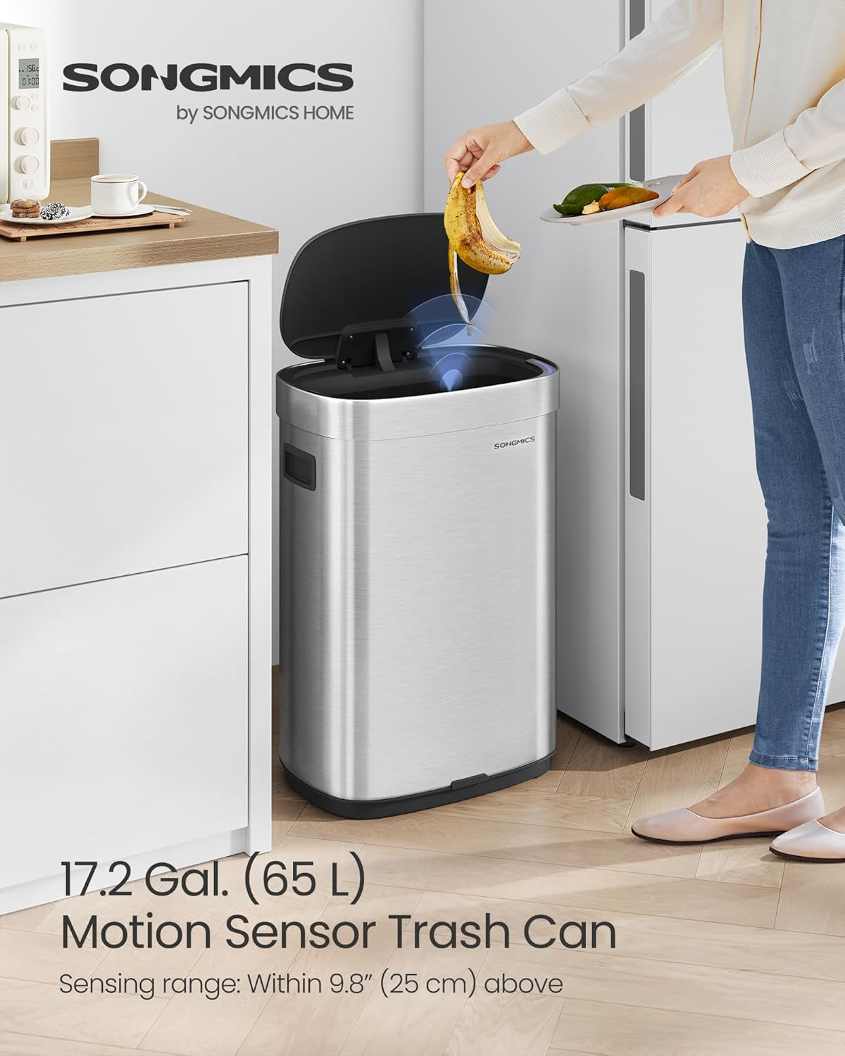 Kitchen Trash Can, 17.2-Gallon (65 L) Motion Sensor Garbage Can, Stainless Steel Trash Bin, Ozone Odor Control, Stay-Open, Metallic Silver ULTB660E01