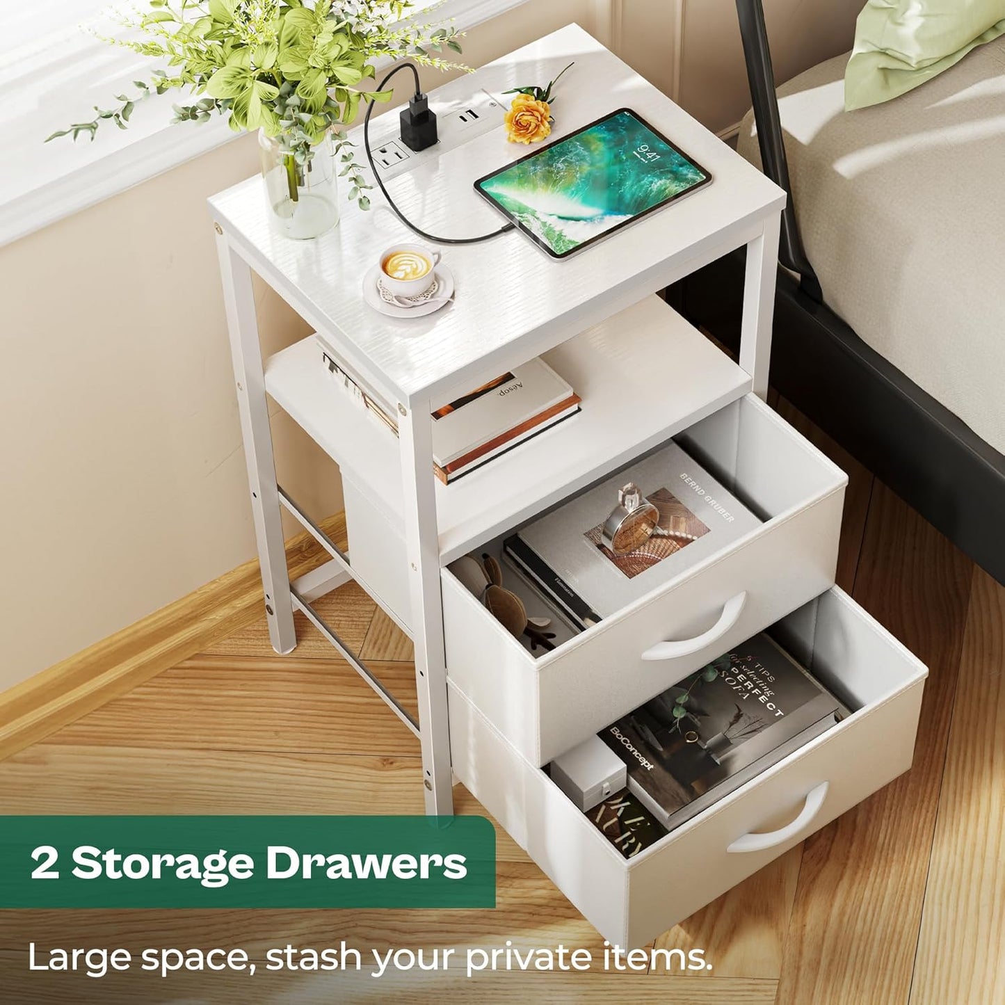 Nightstand with Charging Station, Side Table with 2 Fabric Drawers, End Table with Open Shelf, Bedside Table with USB-C Port and Outlets, Night Stand, PU Leather, White