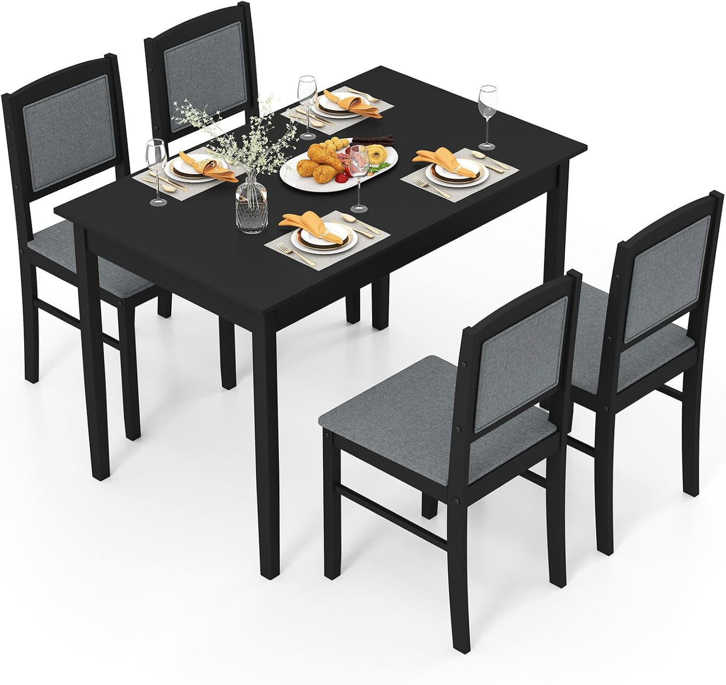 5-Piece Dining Table Set for 4 - Breakfast Nook Table Set with Kitchen Table, 4 Upholstered Chairs, Wood Legs, Space-Saving Dinette Set, Kitchen Table Chairs Set of 4 (Black+Grey)