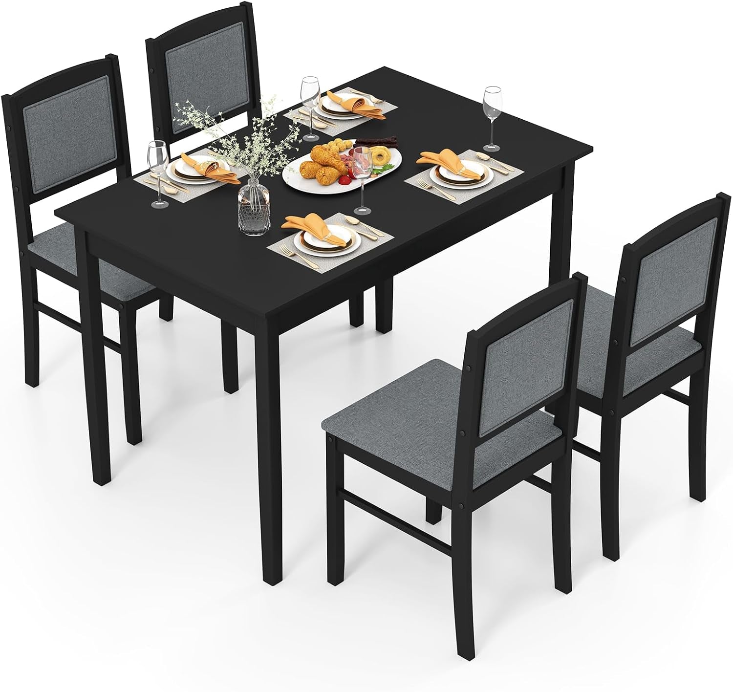 5-Piece Dining Table Set for 4 - Breakfast Nook Table Set with Kitchen Table, 4 Upholstered Chairs, Wood Legs, Space-Saving Dinette Set, Kitchen Table Chairs Set of 4 (Black+Grey)
