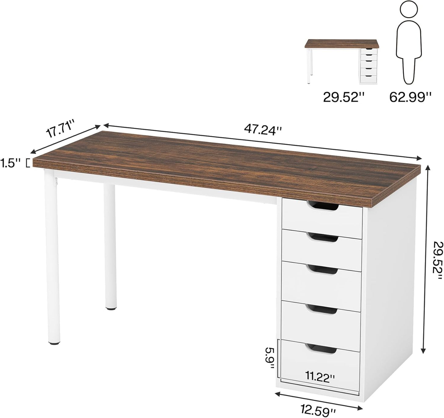 Computer Desk with 5 Drawers, 47 Inches Rustic Brown Home Office Desk with Storage, Modern Simple Laptop Desk Study Writing Table for Small Spaces (Reversible Drawer Cabinet)