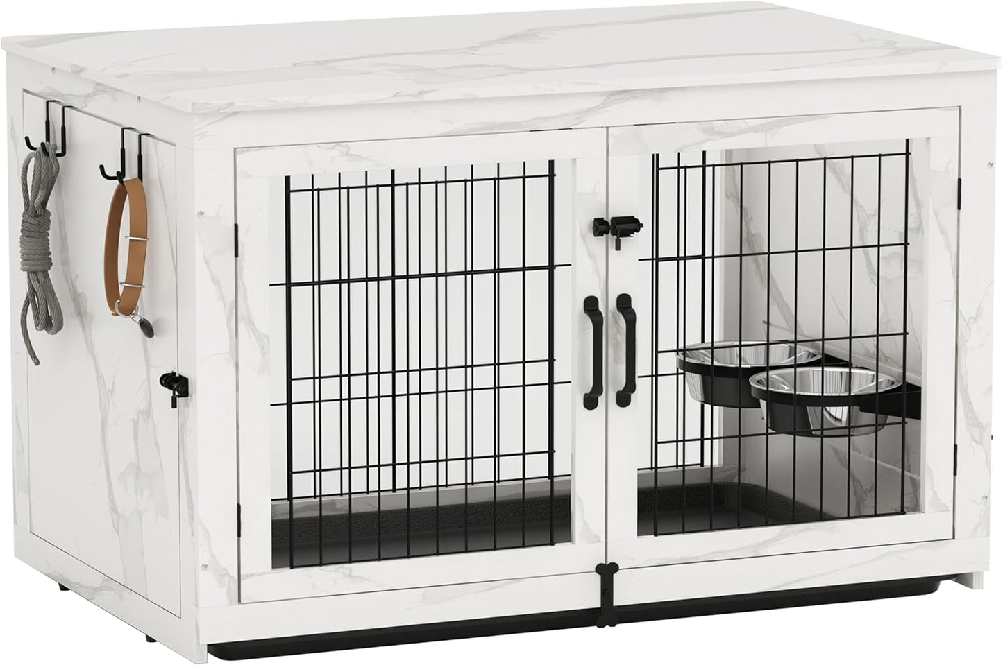 Wooden Dog Crate Furniture with 360°Rotatable Removable Dog Bowls, Dog Crate End Table with Tray, Double Doors Dog Kennels for Dogs(Xl:43.2" L*28.6" W*30.3" H, Marble White)