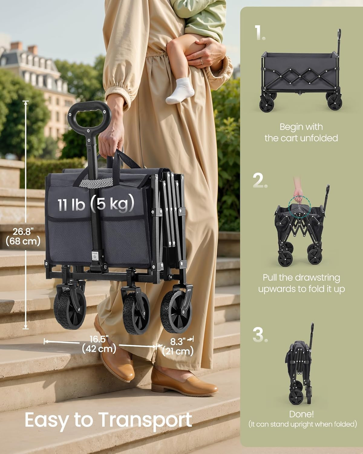 Small Collapsible Wagon with 400 Lb Dynamic Weight Capacity, Foldable Wagon Cart, Folding Camp Cart with Wheels, for Outdoor, Yard, 90 L, Slate Gray UGFW909G01