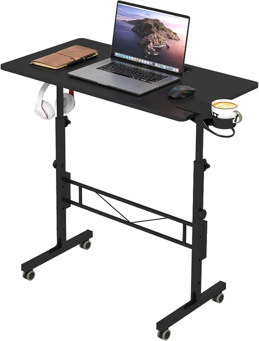 Small Standing Desk Adjustable Height, Mobile Stand up Desk with Wheels, Portable Walking Pad Table Stand, Rolling Laptop Cart for Standing or Sitting, Black