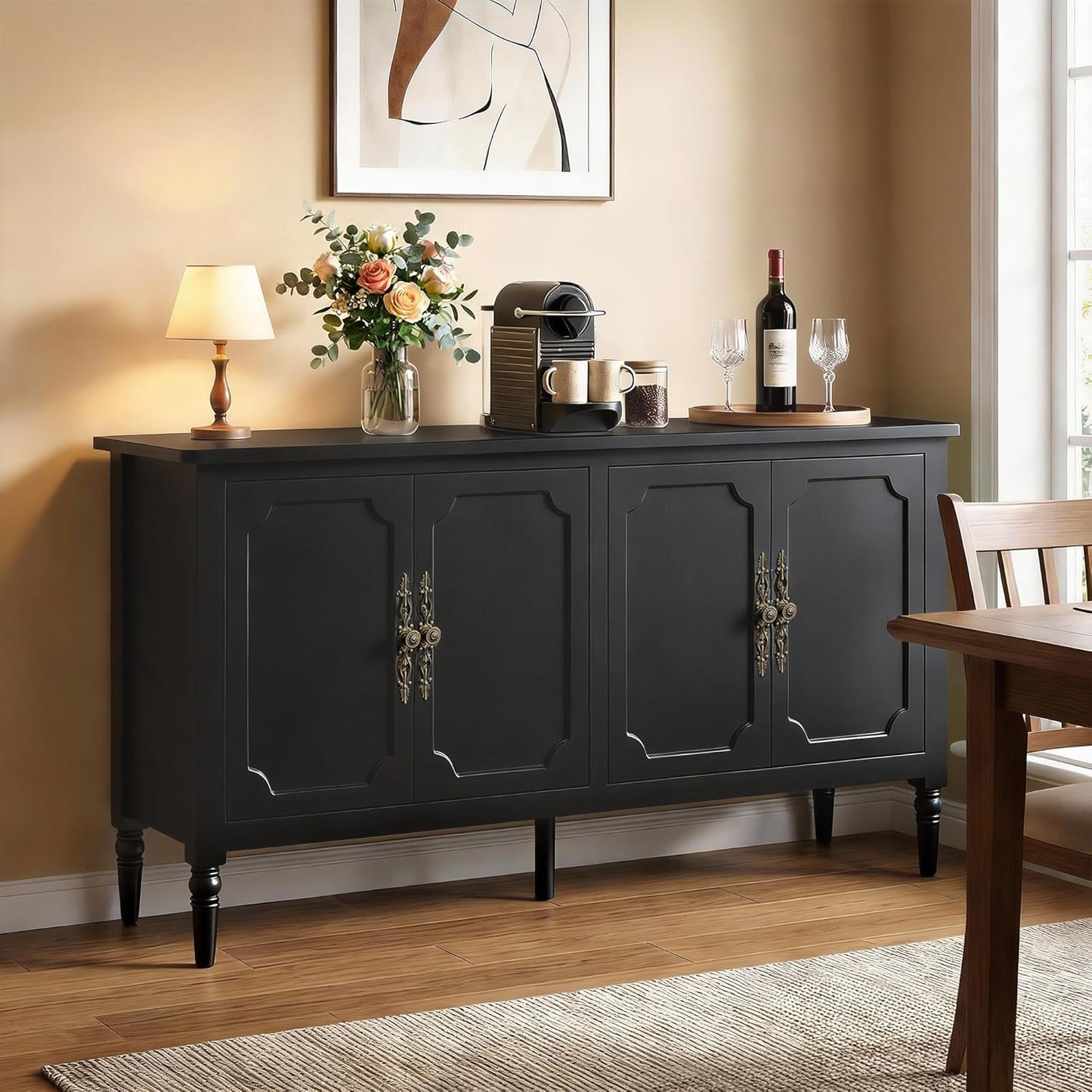 59'' Sideboard Buffet Cabinet with Storage, Modern Buffet Cabinet with Adjustable Shelves & Carved Handle, Mid Century Large Credenza Coffee Bar for Dining Room, Living Room (Satin Black)