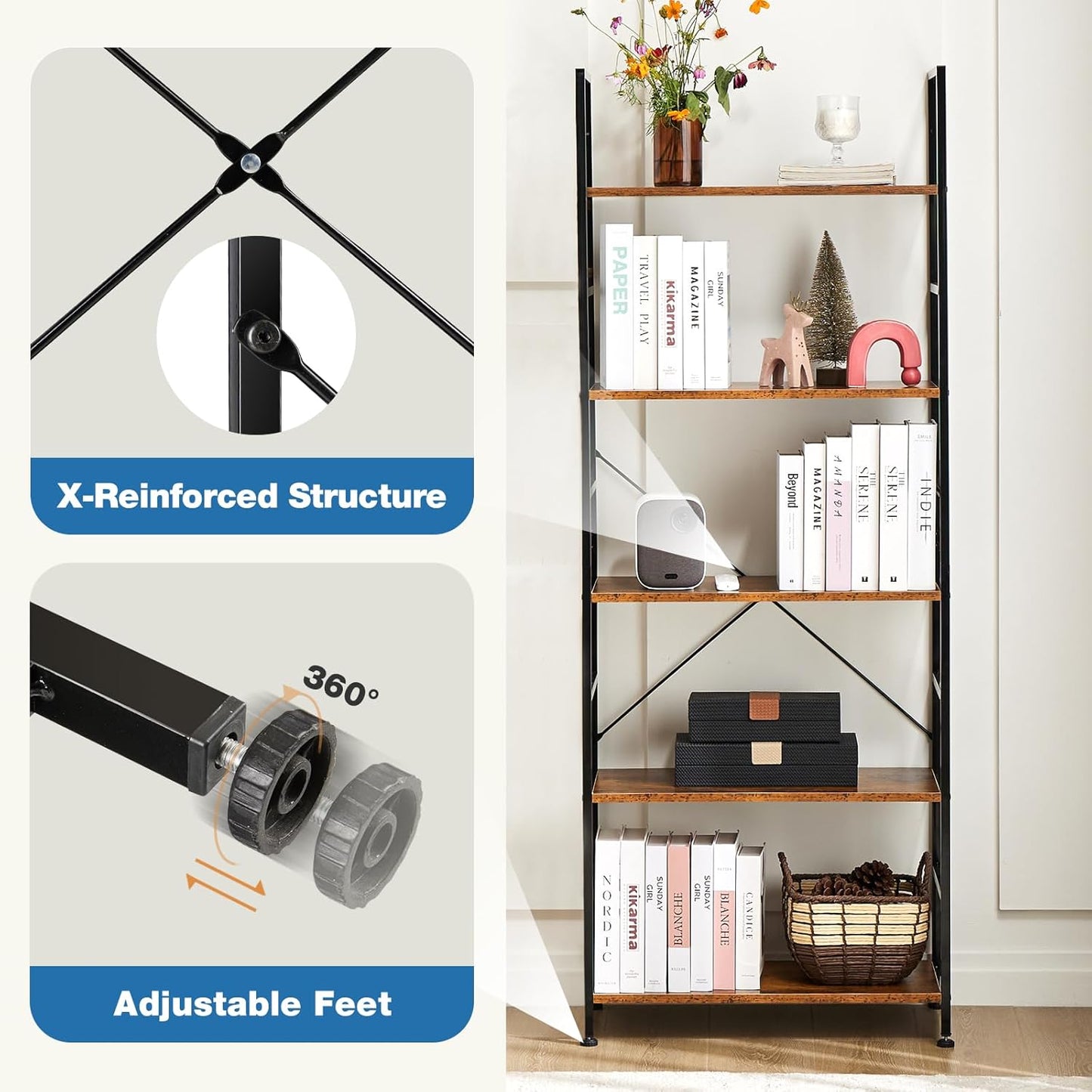 5 Tiers Bookshelf, Classical Modern Book Shelf, Tall Display Shelves in Living Room/Home/Office, Storage Organizer for Cds/Books/Movies, Rustic Brown