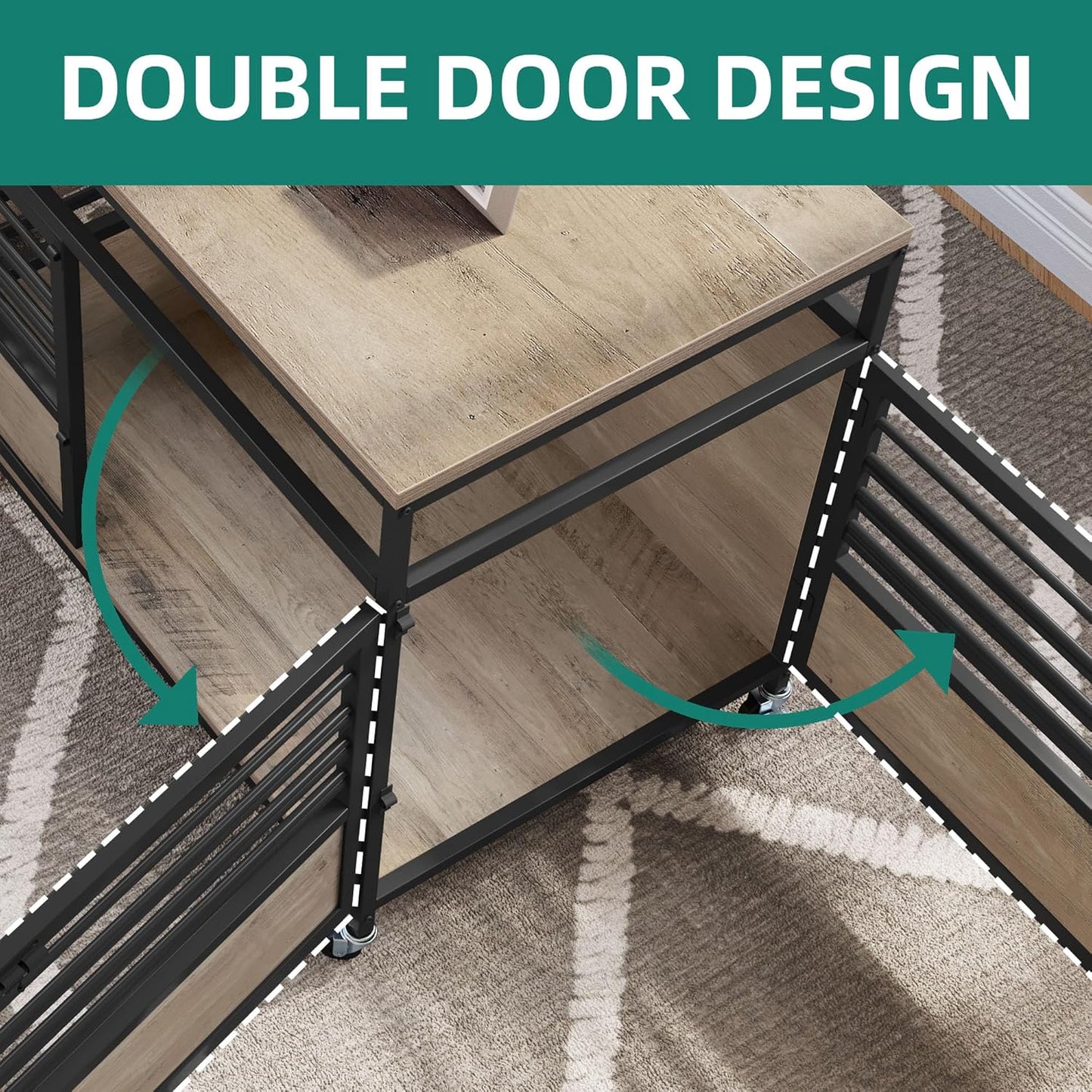 32" Dog Crate Furniture with Wheels, Farmhouse Decorative Wood Dog Cage End Table Chew-Resistant Wooden Dog Kennel Indoor for Small Dogs, Rustic Brown