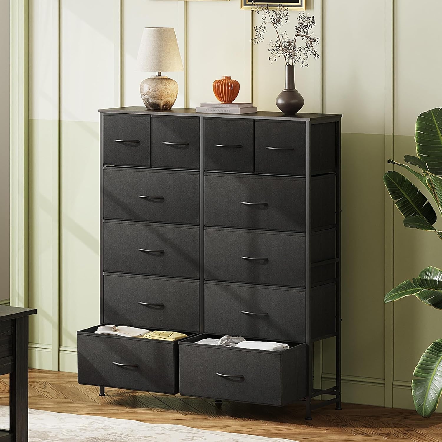 Tall Dresser for Bedroom with 12 Drawers, Dressers & Chests of Drawers, Fabric Dresser for Closet, Living Room, Storage Dressers with Storage Drawers, Steel Frame, Wood Top, Charcoal Black