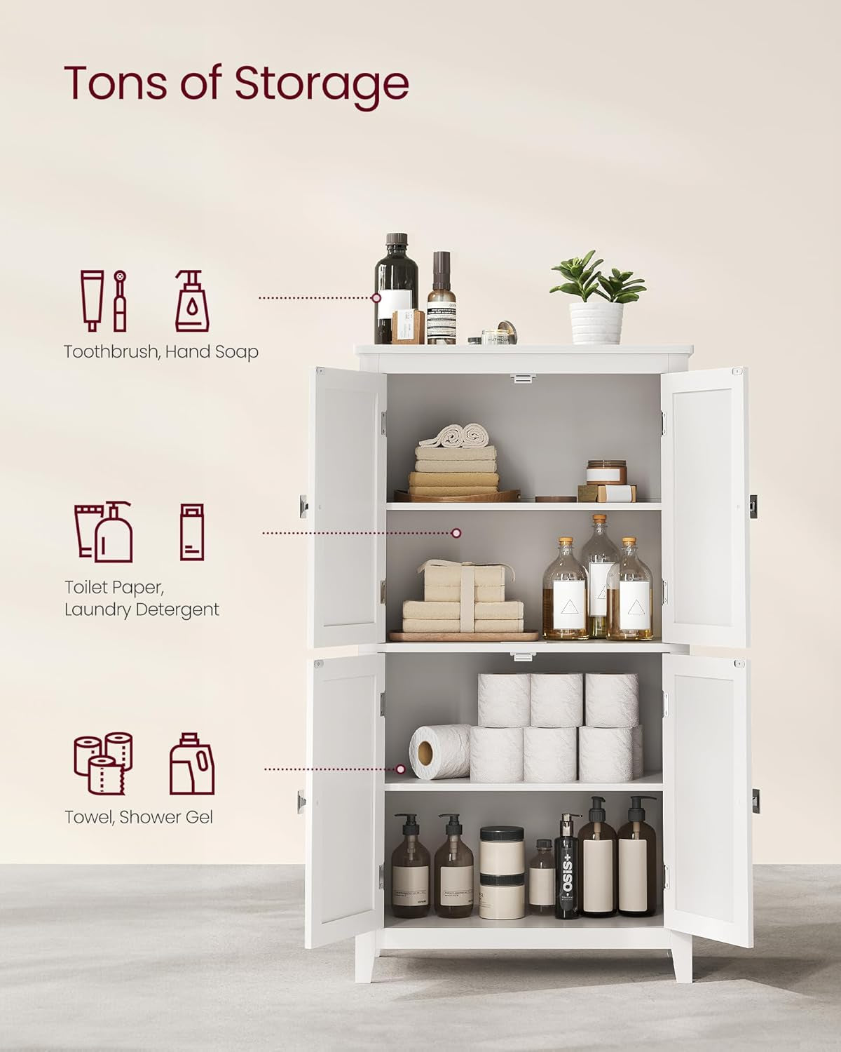 Floor Storage Cabinet, Freestanding Storage Unit with 4 Doors, Adjustable Shelves, 11.8 X 23.6 X 43.3 Inches, for Entryway, Bathroom, White UBBC552P31
