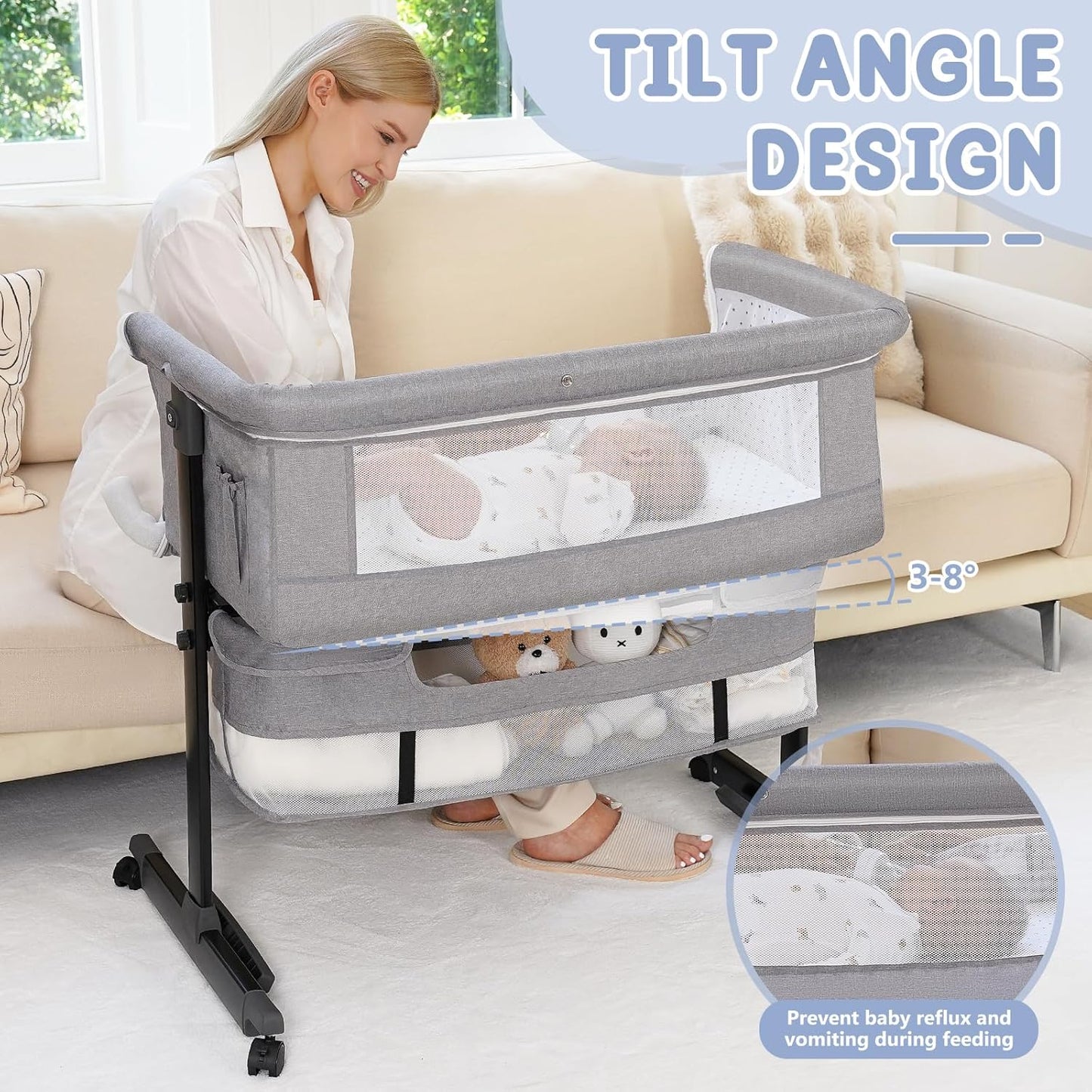 Baby Bassinet, 3 in 1 Bassinets Bedside Sleeper, Adjustable Height Bedside Sleeper with Rocking Mode, Breathable Mesh, Storage Basket, Wheels, Easy Assemble & Folding (Gray)