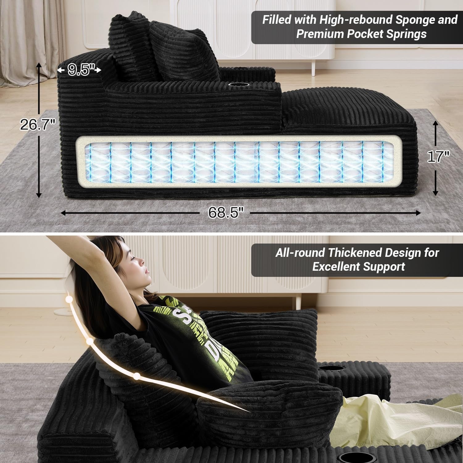 50"W X 68"D Oversized Chaise Lounge Chair Indoor Boneless Reading Chair Plush Corduroy Recliner with Cup Holders Large Deep Seat Comfy Sofa Bed Couch with 3 Pillows for Living Room Bedroom, Black