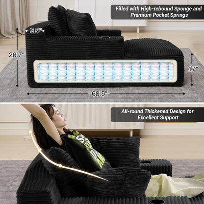 50"W X 68"D Oversized Chaise Lounge Chair Indoor Boneless Reading Chair Plush Corduroy Recliner with Cup Holders Large Deep Seat Comfy Sofa Bed Couch with 3 Pillows for Living Room Bedroom, Black