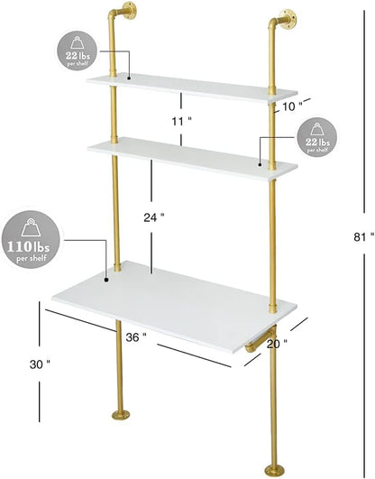 White and Gold Desk, 36" Ladder Desk, Wall Mount Computer Writing Table Pipe Shelf Shelving Mini Narrow Industrial Modern for Small Spaces(36X20X81)