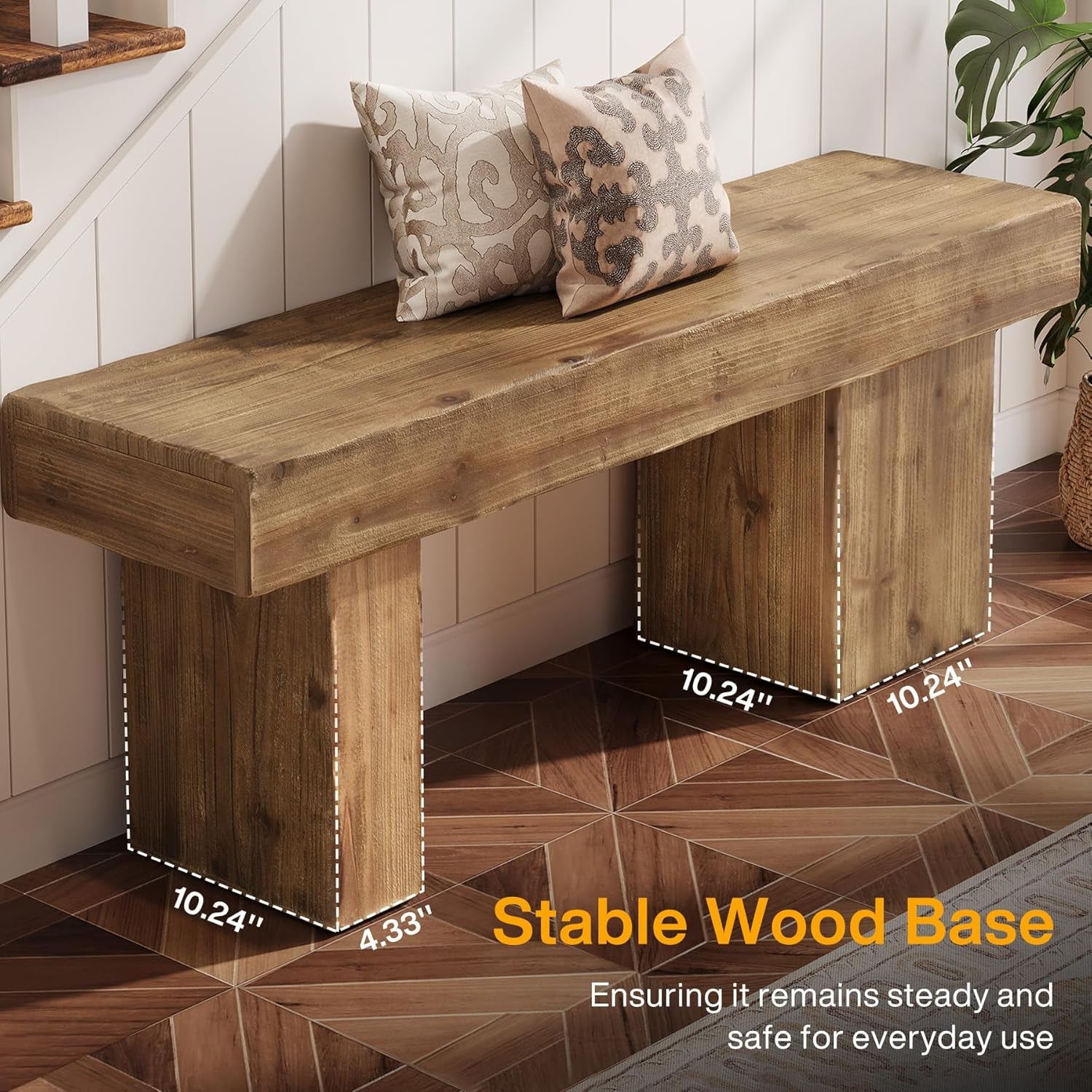Thickened Solid Wood Bench, 47" Rustic Farmhouse Entryway Bench with Artistic Legs, Heavy Duty Dining Bench for Kitchen, Living Room, Hallway, End of Bed, Natural Wood